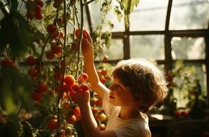 AI generated a young boy picks a tomato in a greenhouse on the sunny day, photo