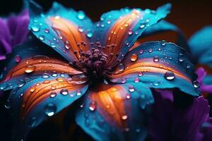 AI generated an orange and blue flower with water drops, photo