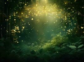 AI generated an elegant greenery background filled with gold lights, photo