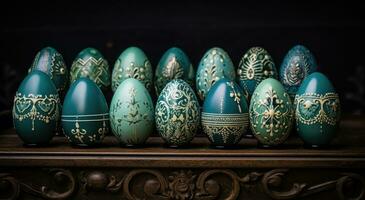 AI generated an array of green decorated eggs in a row, photo