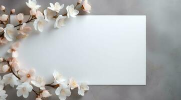 AI generated an empty paper with white flowers for wedding invitation or blank paper on gray background, photo