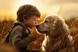 ai generado un joven chico Besos su perro en el campo, foto