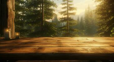 AI generated an indredibly bright scene of a rustic wooden table, photo