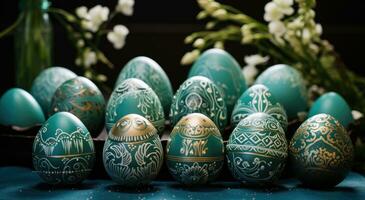 AI generated an array of green decorated eggs in a row, photo