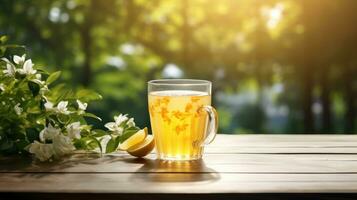 AI generated chai tea in the glass on wooden table photo