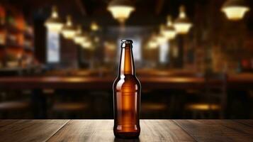 AI generated Beer bottle with blank front, realistic on a mockup template in a wooden table in a irish pub photo