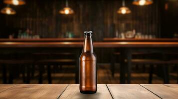 ai generado cerveza botella con blanco frente, realista en un Bosquejo modelo en un de madera mesa en un irlandesa pub foto