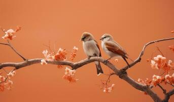 AI generated birds on the branch against cherry blossom blossoms, photo