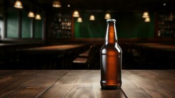 ai generado cerveza botella con blanco frente, realista en un Bosquejo modelo en un de madera mesa en un irlandesa pub foto