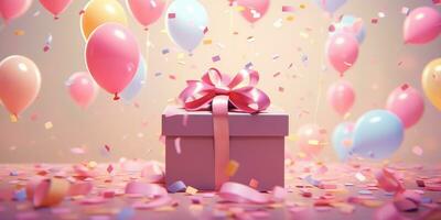 AI generated confettis and balloons surround a pink present, photo