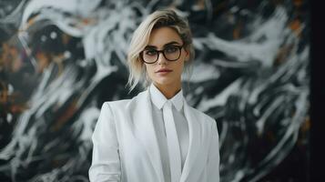 AI generated businesswoman in white and black glasses is standing in front of a painting, photo