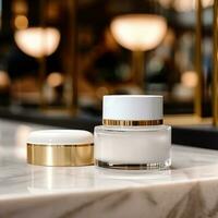 AI generated face cream bottle with blank front, realistic on a mockup template in a table photo