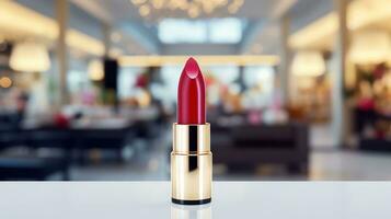 AI generated lipstick with blank front, realistic on a mockup template in a table in a luxury store photo