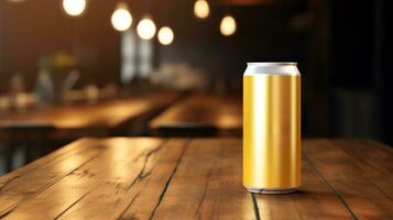 AI generated gold beer can with blank front, realistic on a mockup template in a table in a irish pub, photo