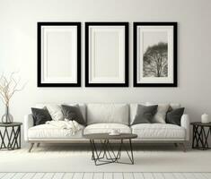 AI generated living room with three black frames with white frames, photo