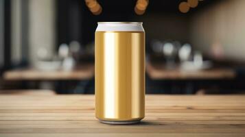 AI generated gold beer can with blank front, realistic on a mockup template in a table in a irish pub, photo