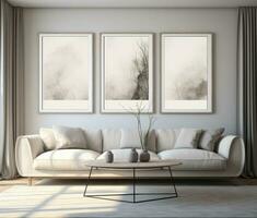 AI generated living room with three black frames with white frames, photo