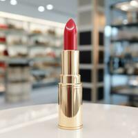 AI generated lipstick with blank front, realistic on a mockup template in a table in a luxury store photo