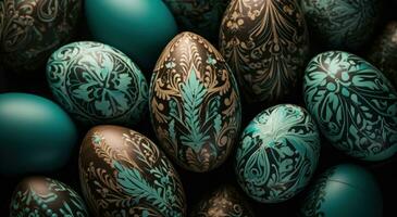 AI generated large group of green easter eggs with green decorations photo