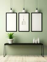 AI generated modern black and white room with white frames, photo