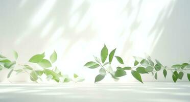 AI generated green leaves in white background on a white table, photo