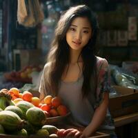 AI generated a young Asian woman buys fruit at a market stall, photo