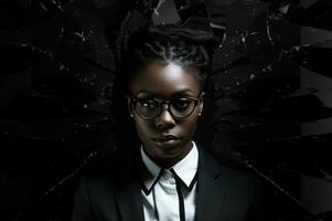 AI generated a young black woman in a suit and glasses, photo