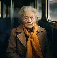 AI generated old woman in grey coat sitting on a train, photo