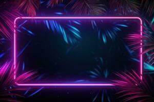 AI generated neon frame on green palm leaves with a palm tree on dark background, photo