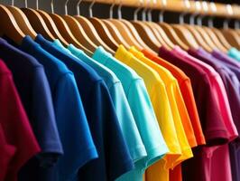 AI generated rainbow colored t shirts hanging on a rack in a store, photo