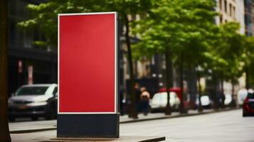 AI generated Outdoor advertising with blank front realistic on a mockup template in a spring street of big city photo