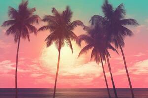 AI generated palm tree trees on the shore on a turquoise and pink beach background, photo