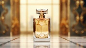 AI generated perfume bottle with blank front, realistic on a mockup template in a table in a luxury store photo
