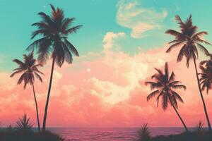 AI generated palm tree trees on the shore on a turquoise and pink beach background, photo