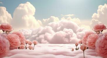 AI generated pink cloud and pink roses surrounded with clouds on the background, photo