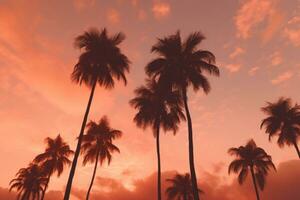 ai generado palma árbol arboles en el apuntalar en un turquesa y rosado playa fondo, foto