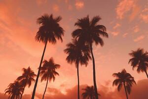 AI generated palm tree trees on the shore on a turquoise and pink beach background, photo