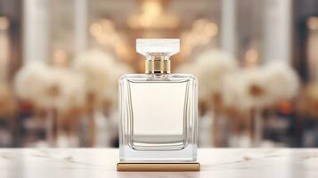 ai generado perfume botella con blanco frente, realista en un Bosquejo modelo en un mesa en un lujo Tienda foto