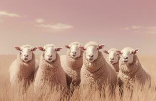 AI generated six sheep sitting together in a field, photo