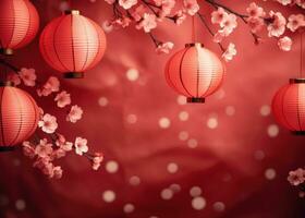 AI generated red paper lanterns on a red background photo