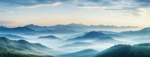 AI generated fog and a mountain top at sunset, photo