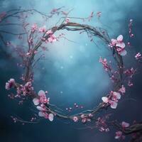 AI generated spring floral wreath branch on blurred surface photo