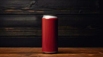 AI generated red beer can with blank front, realistic on a mockup template in a wooden table in a irish pub photo