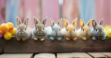 AI generated bunnies resting on a wooden fence with colored eggs, photo