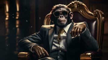 ai generado chimpancé en Gafas de sol vestido en un traje sentado en un silla, foto