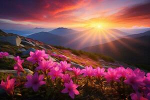 AI generated pink flowers at sunset near mountain peaks, photo