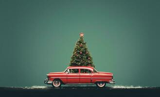 AI generated christmas tree on the top of a red car, photo