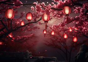 AI generated red colored chinese paper hanging on paper lanterns, photo