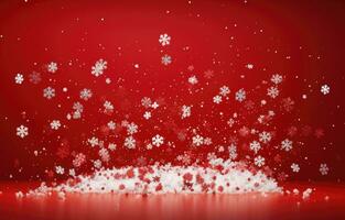 AI generated christmas holiday decoration snowflakes falling on red background, photo