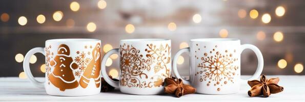 AI generated three mugs with gingerbread cookies and a table in the background on a white table, photo